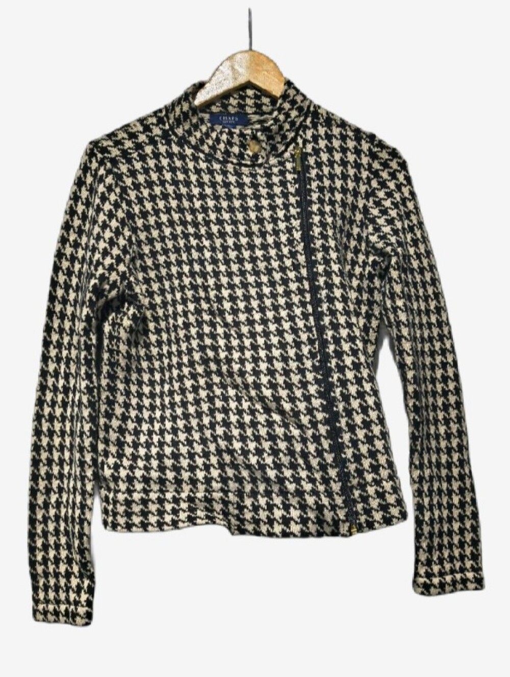 Chaps Black & Cream Houndstooth Knit Moto Jacket Asymmetrical Zip Cardigan - L